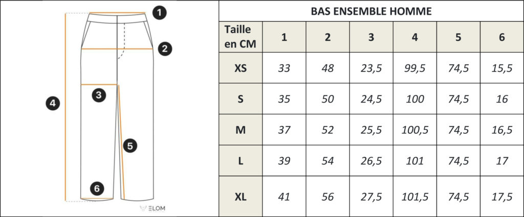 Ensemble Hommes Guide des tailles Bas ELOM